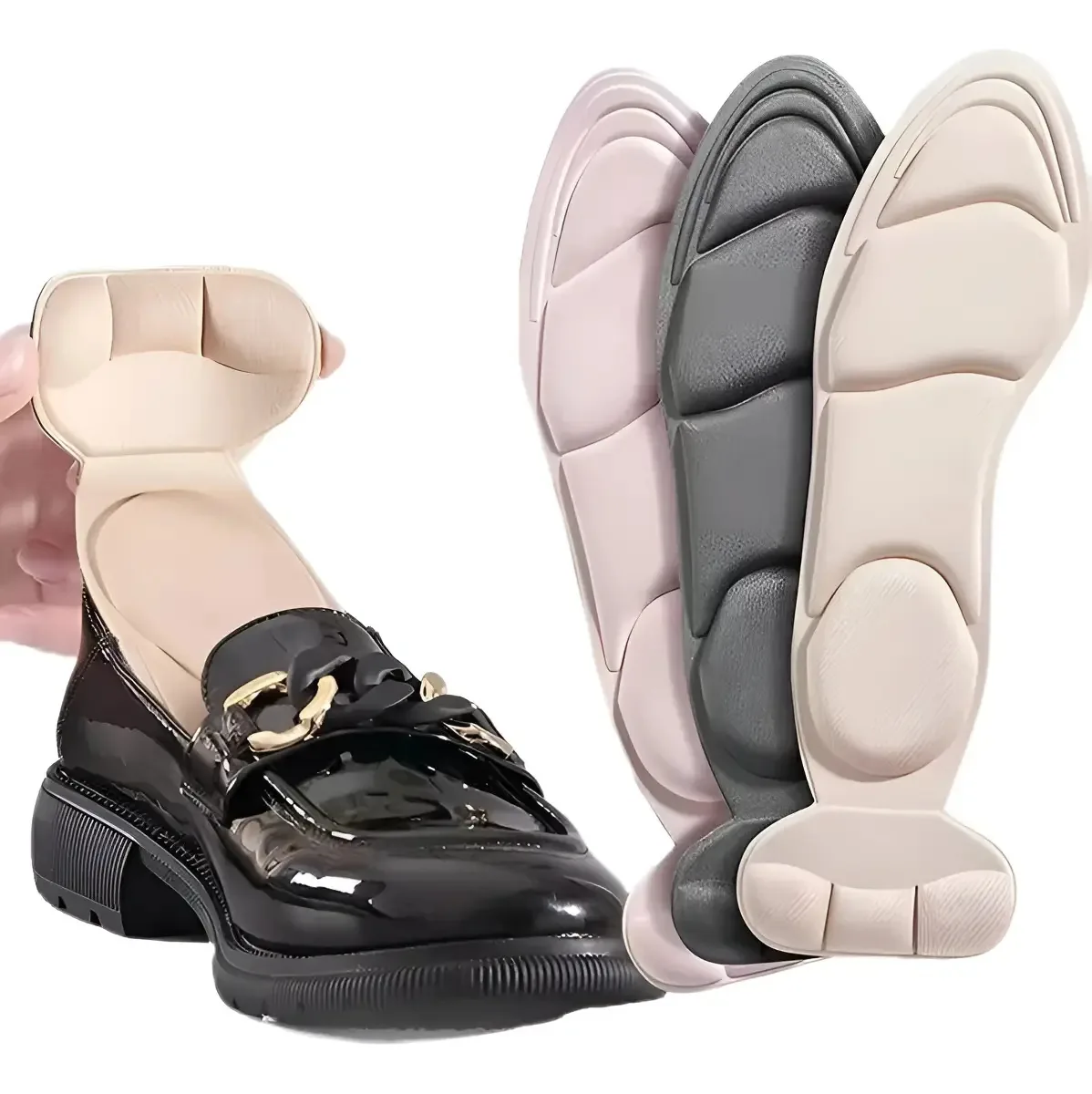 3 pares de palmilhas viscoelásticas antifadiga que absorvem o suor, cor bege-preto-rosa