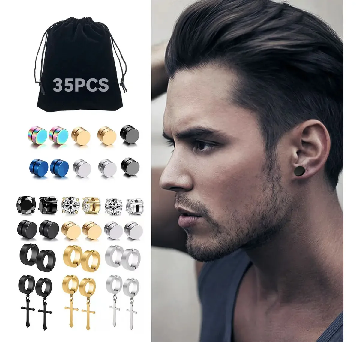 35 peças de brincos de moda masculina* 16 peças de brincos pendentes* 6 peças de brincos de argola* 6 peças de brincos de zircão* 6 peças de cruz de aço perfurada para homens com ímã
