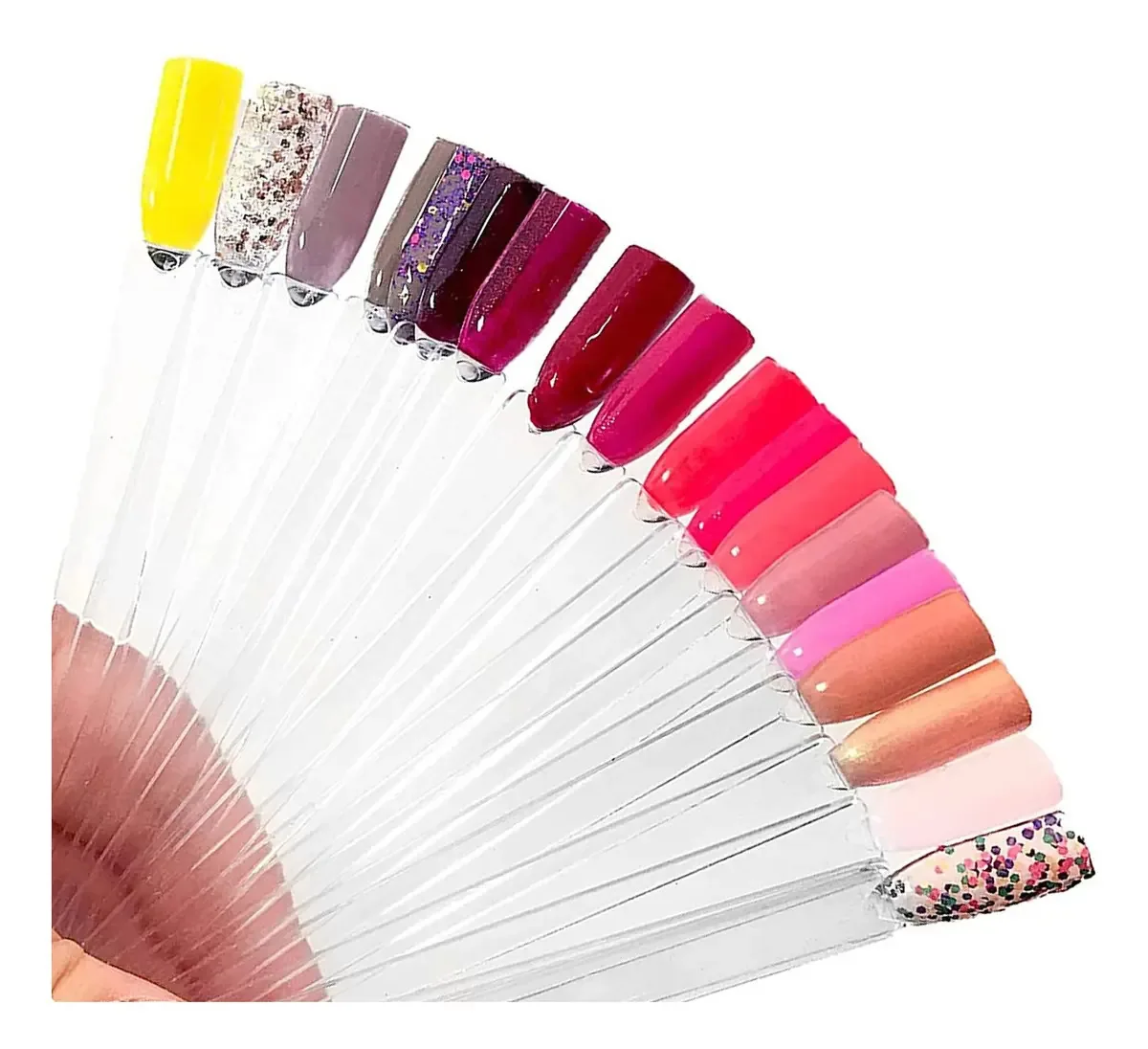 Conjunto de amostras de unhas de acrílico de 150 unidades com anel de ventilador colorido de cabeça plana