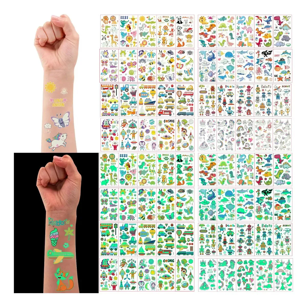 40 folhas de tatuagens falsas temporárias luminosas para crianças