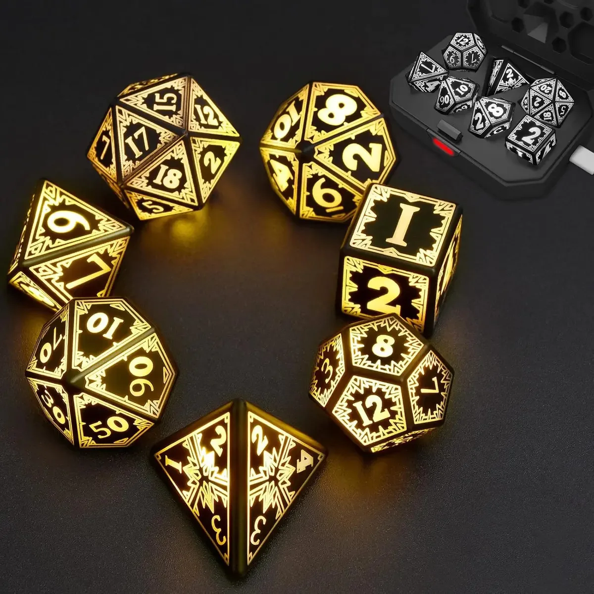 Conjunto de dados de RPG recarregáveis Dnd com luz