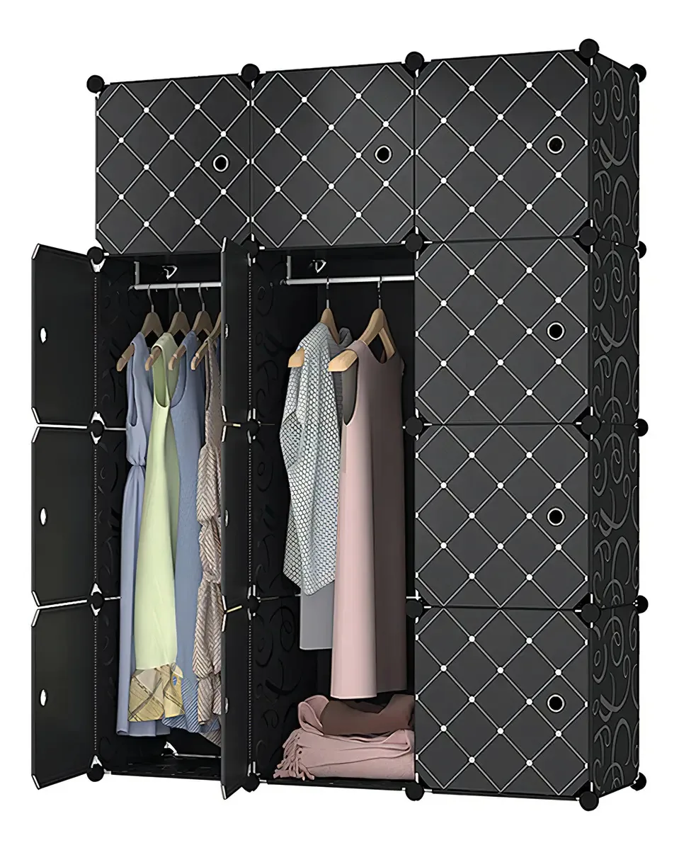 Armário e organizador de roupas de plástico portátil 12 cubos pretos