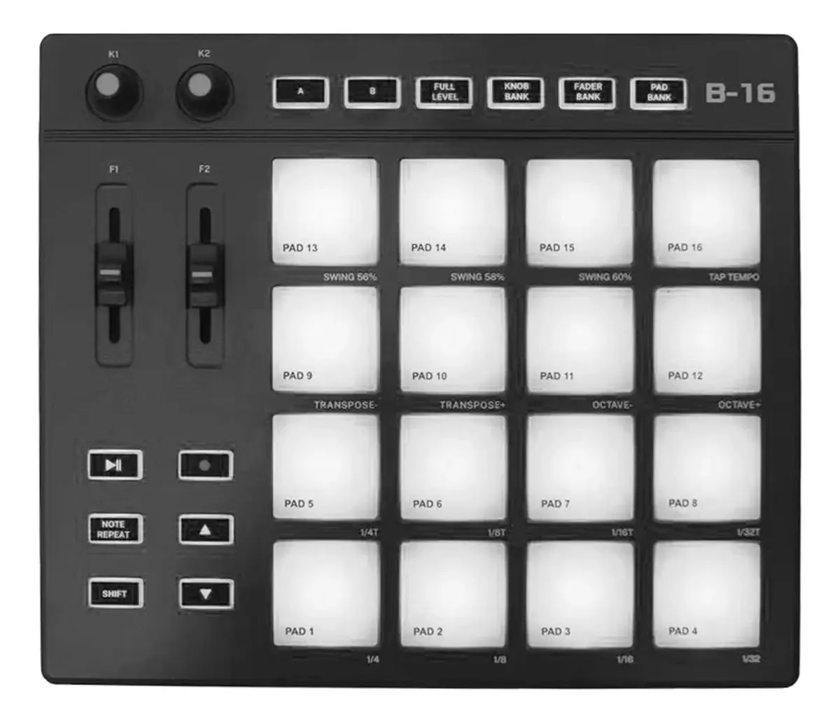 Controlador Besser Midi com 16 pads, 2 faders e 2 botões