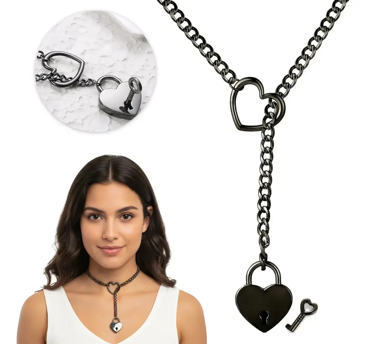 Colar Kuoaeaye para casal, cadeado de coração com chave, pingentes elegantes, preto