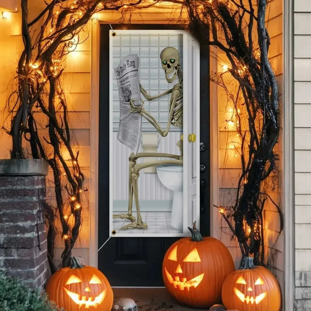 Fundo de esqueleto de 130 x 76 cm, decoração genérica de Dia dos Mortos e Halloween, adesivos e adesivos decorativos para o Halloween, com orifício para pendurar e corda para pendurar. Para portas,...