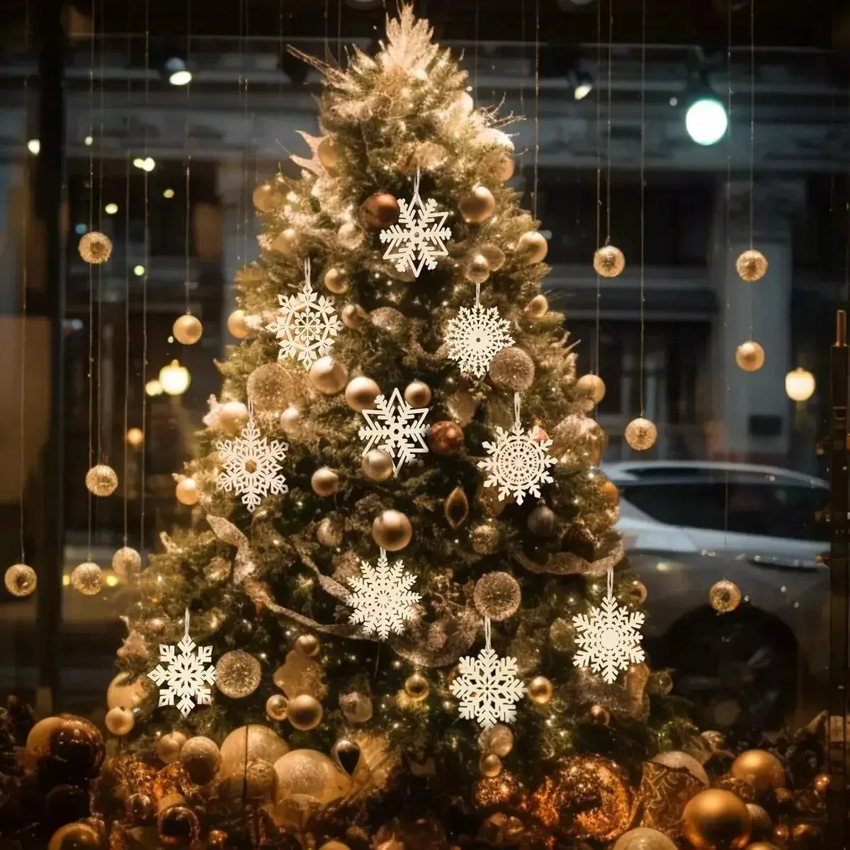 Mhuitw 27 peças de enfeites de Natal de madeira Flocos de neve Decoração DIY Enfeites de Natal Decorações de Natal