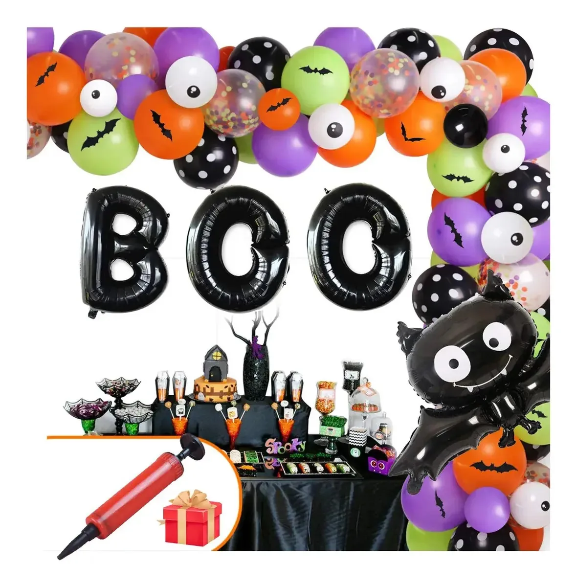 93 unidades de kits de balões Boo, decoração de festa de Halloween e inflador. Para decoração, Halloween, aniversário. Dia de Finados, festa