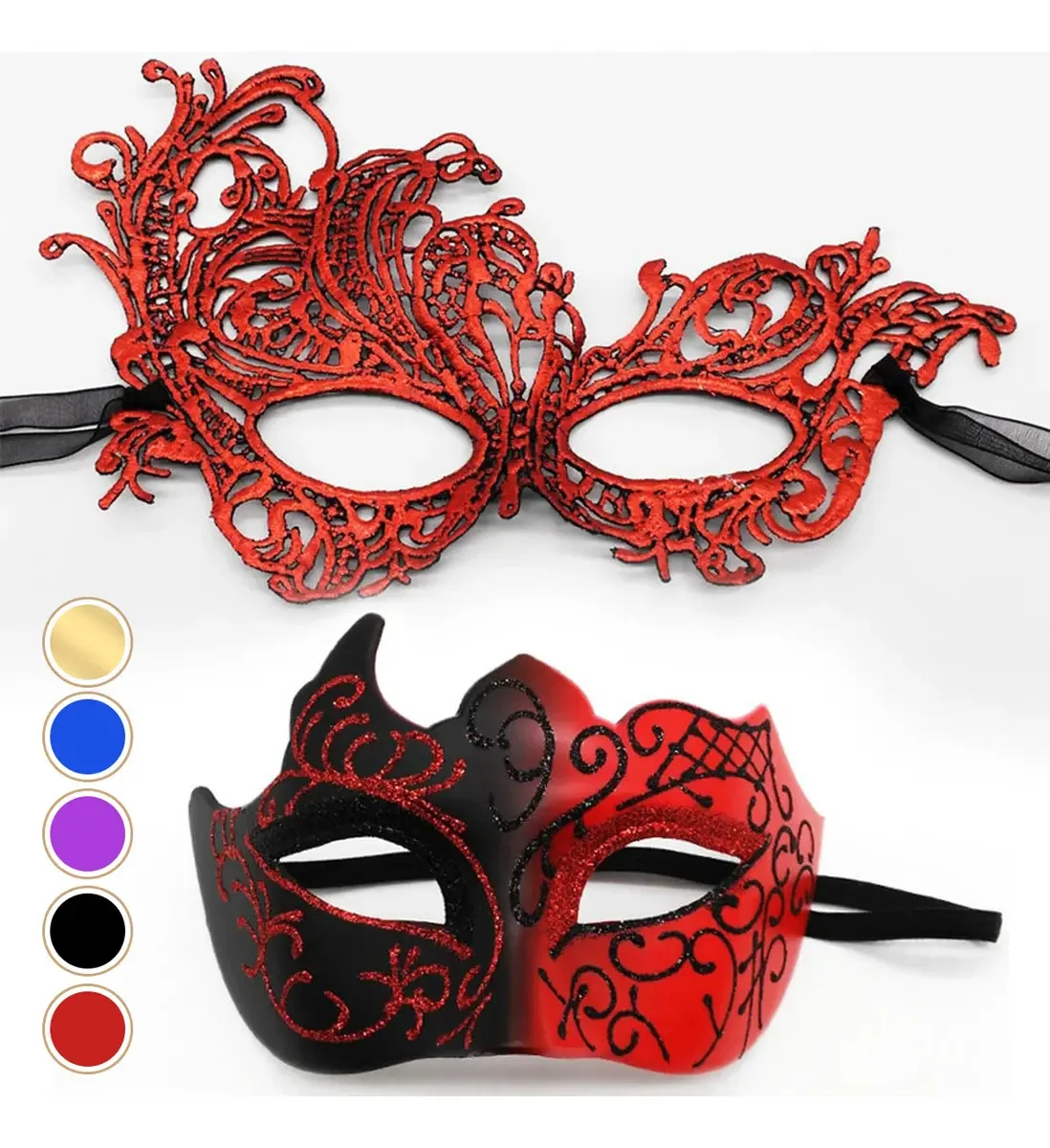 2 máscaras, máscaras de festa, Halloween, casal, carnaval, cosplay, vermelho