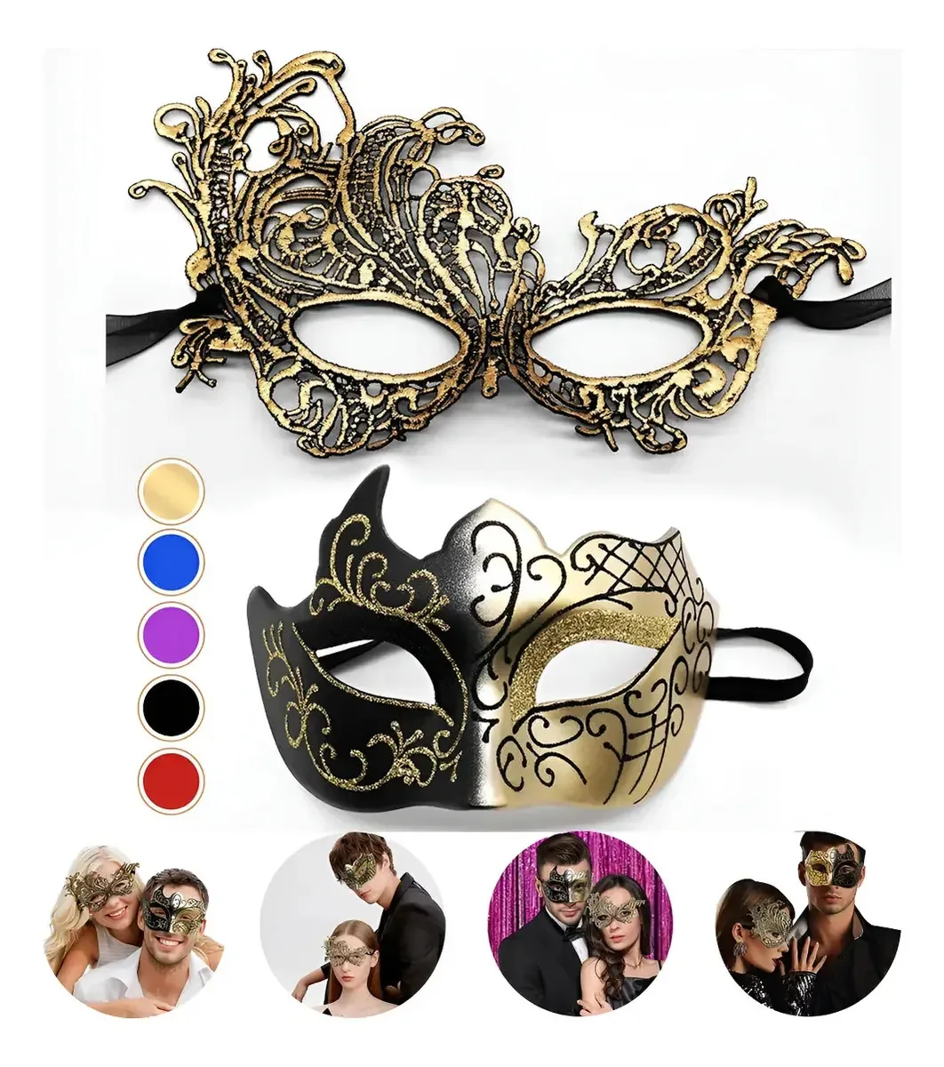 2 máscaras, máscaras de festa, casal de Halloween, carnaval, cosplay, ouro