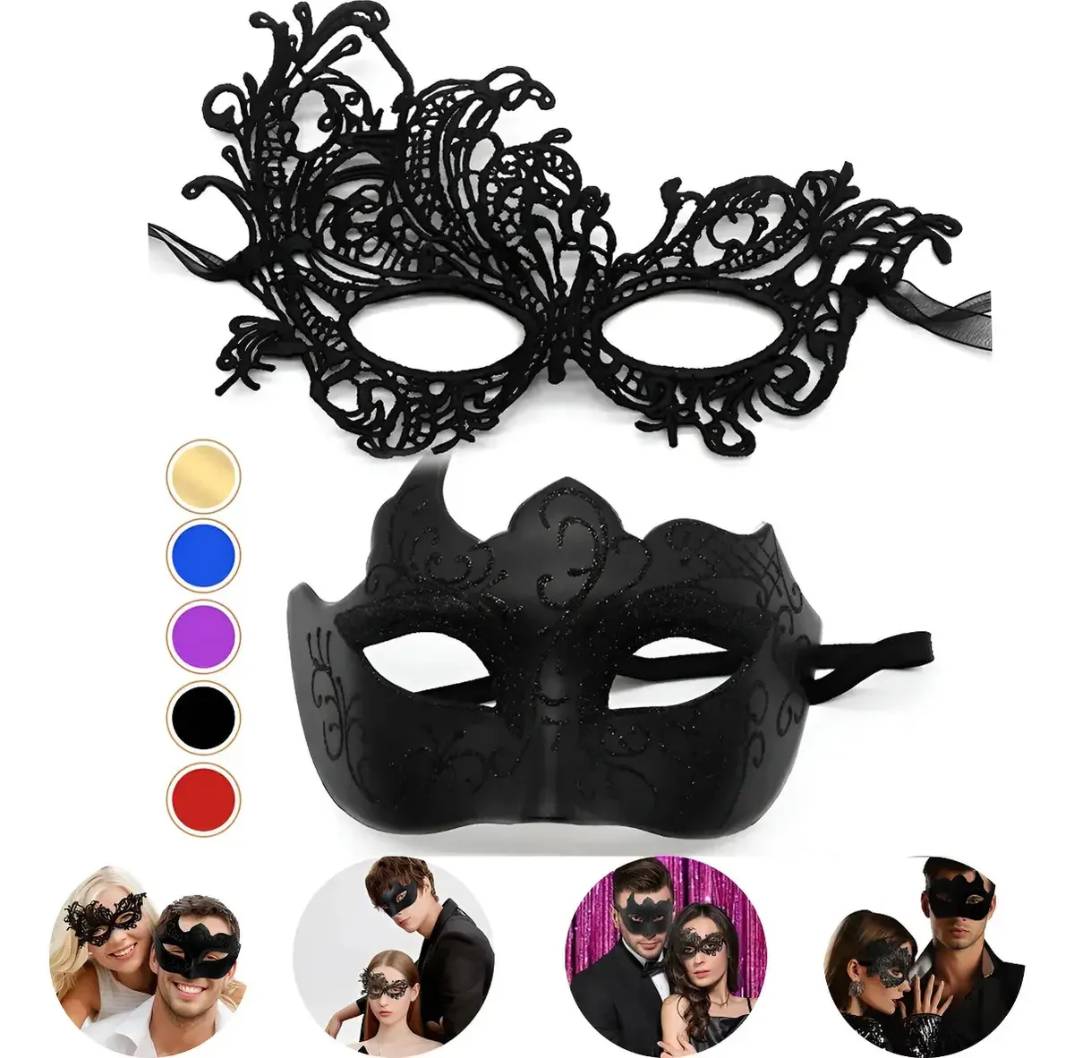 2 máscaras, máscaras de festa, Halloween, casal, carnaval, cosplay, preto