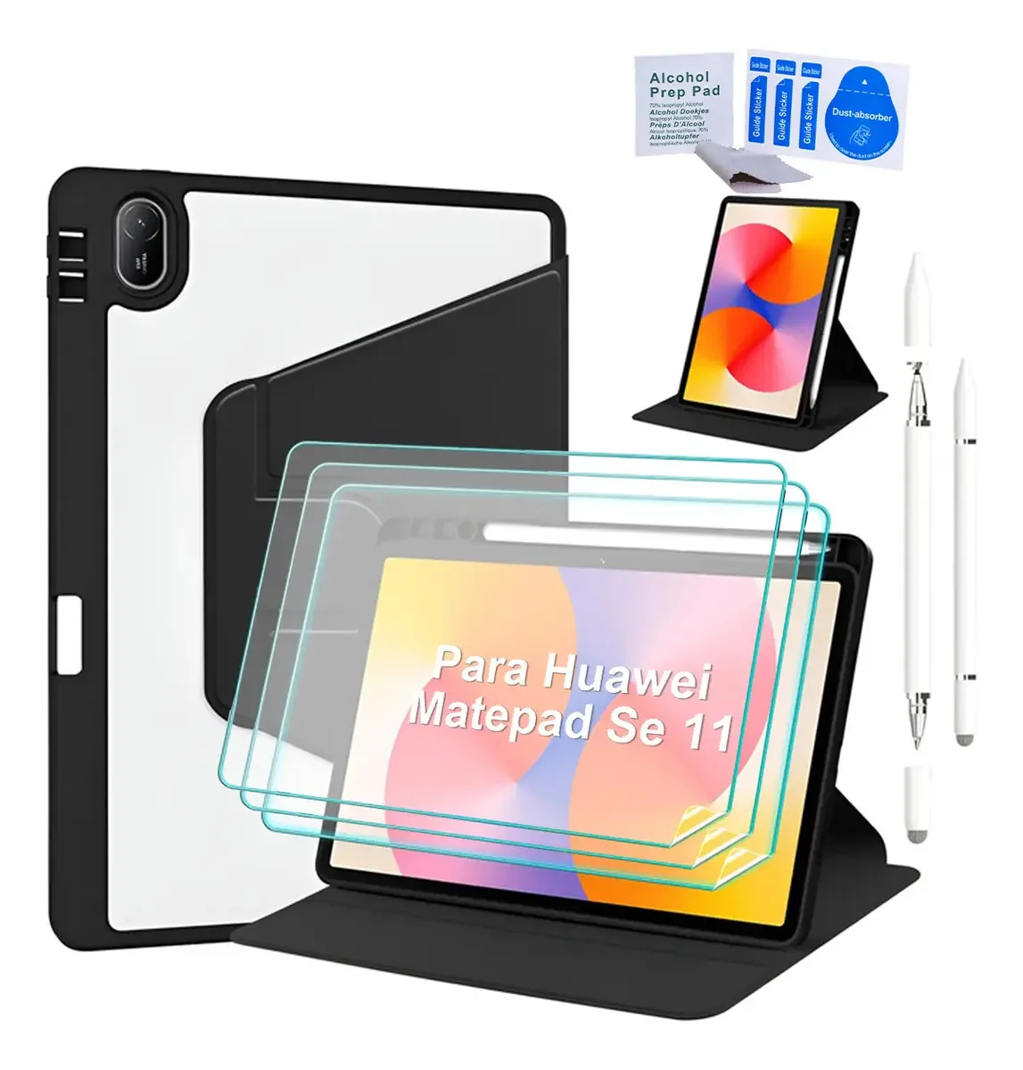 Capa Liduode para tablet Huawei Matepad SE 2024 de 11 polegadas, 3 lentes e caneta óptica, com suporte para canetas, rotação de 360°, encosto transparente, ativação/hibernação automática, preta