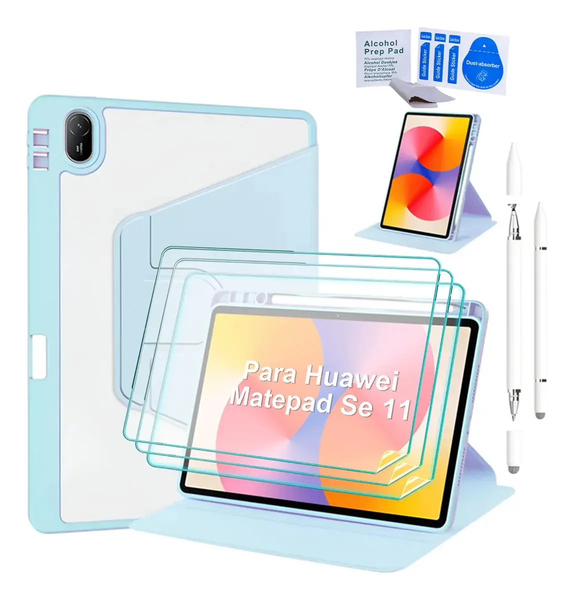 Capa Liduode para tablet Huawei Matepad SE 2024 de 11 polegadas, 3 lentes e caneta óptica, com suporte para canetas, rotação de 360°, encosto transparente, ativação/hibernação automática, azul