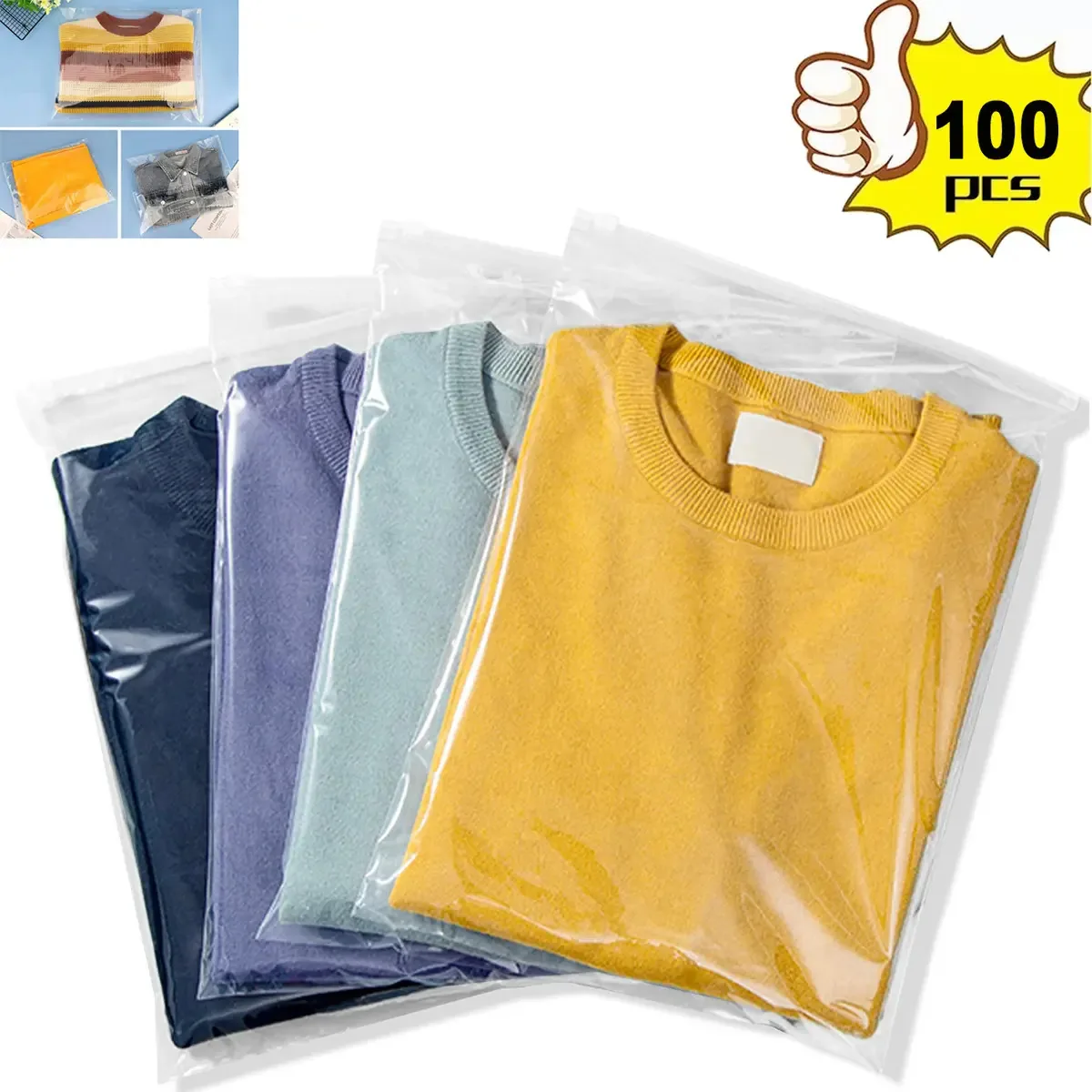 Akgodofwar - 100 peças de bolsas transparentes e seláveis de poliéster com zíper para roupas, suéteres, jeans e grandes envelopes de plástico para viagens