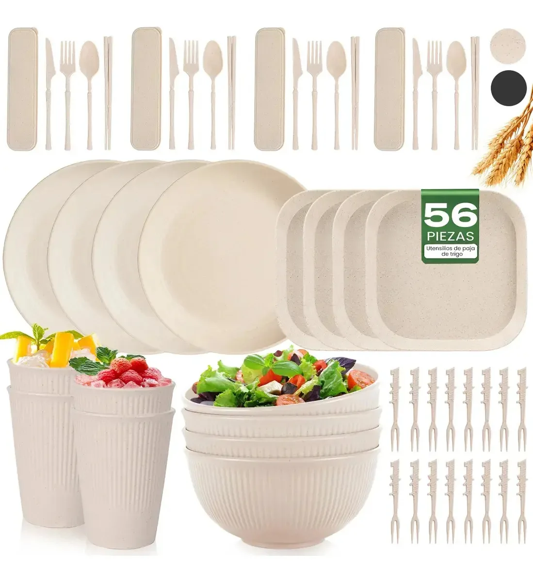 Conjunto de talheres de cozinha, palha, trigo, 56 peças, pratos, copos, sem BPA, Kidomy