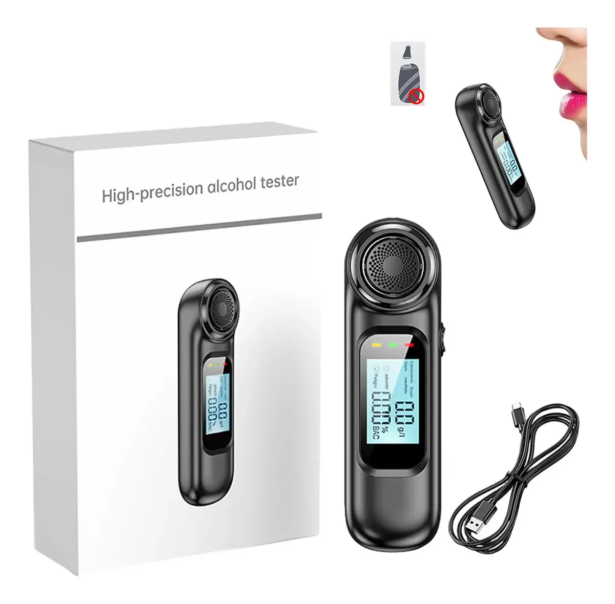 Testador de álcool digital portátil com display LCD, tipo de ar soprado Vrvalue
