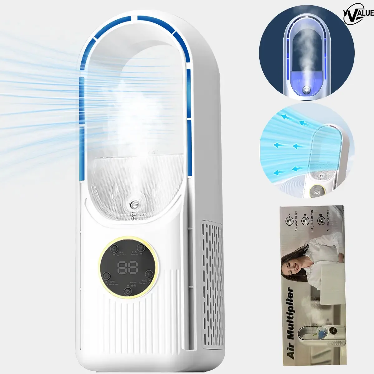 Ventilador de luz colorido com aspersor, umidificador doméstico, ventilador de mesa tipo torre, ventilador de ar condicionado, ventilador de refrigeração, umidificador e refrigerador, ventilador de...
