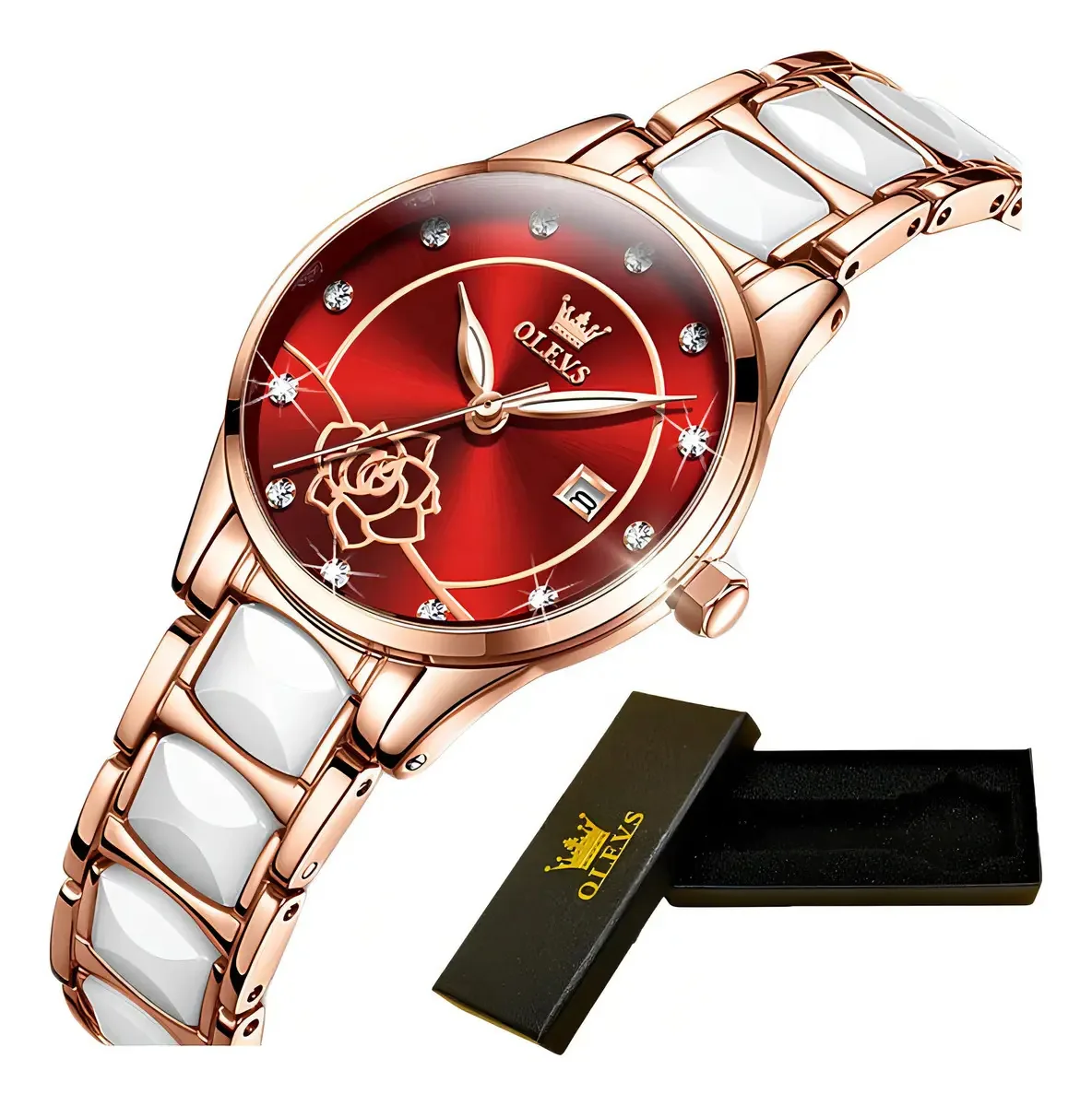Relógios Olevs Luminous Diamond Elegant Calender Red Background Color