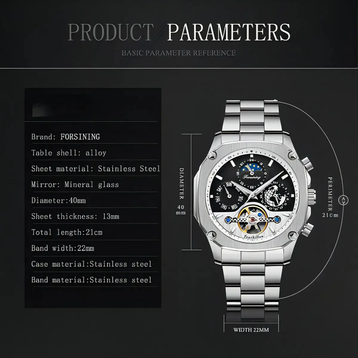 Relógios luminosos Forsining Tourbillon Moon Phase