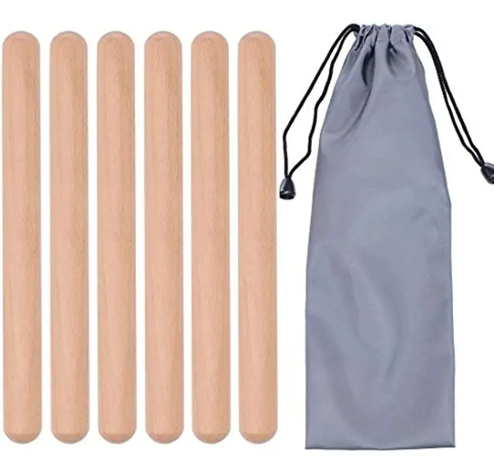 3 Pares de Claves de Madeira Instrumento de Percussão, Bastões Musicais Clássicos de Madeira Dura com Bolsa de Transporte, 20,8 cm de Comprimento