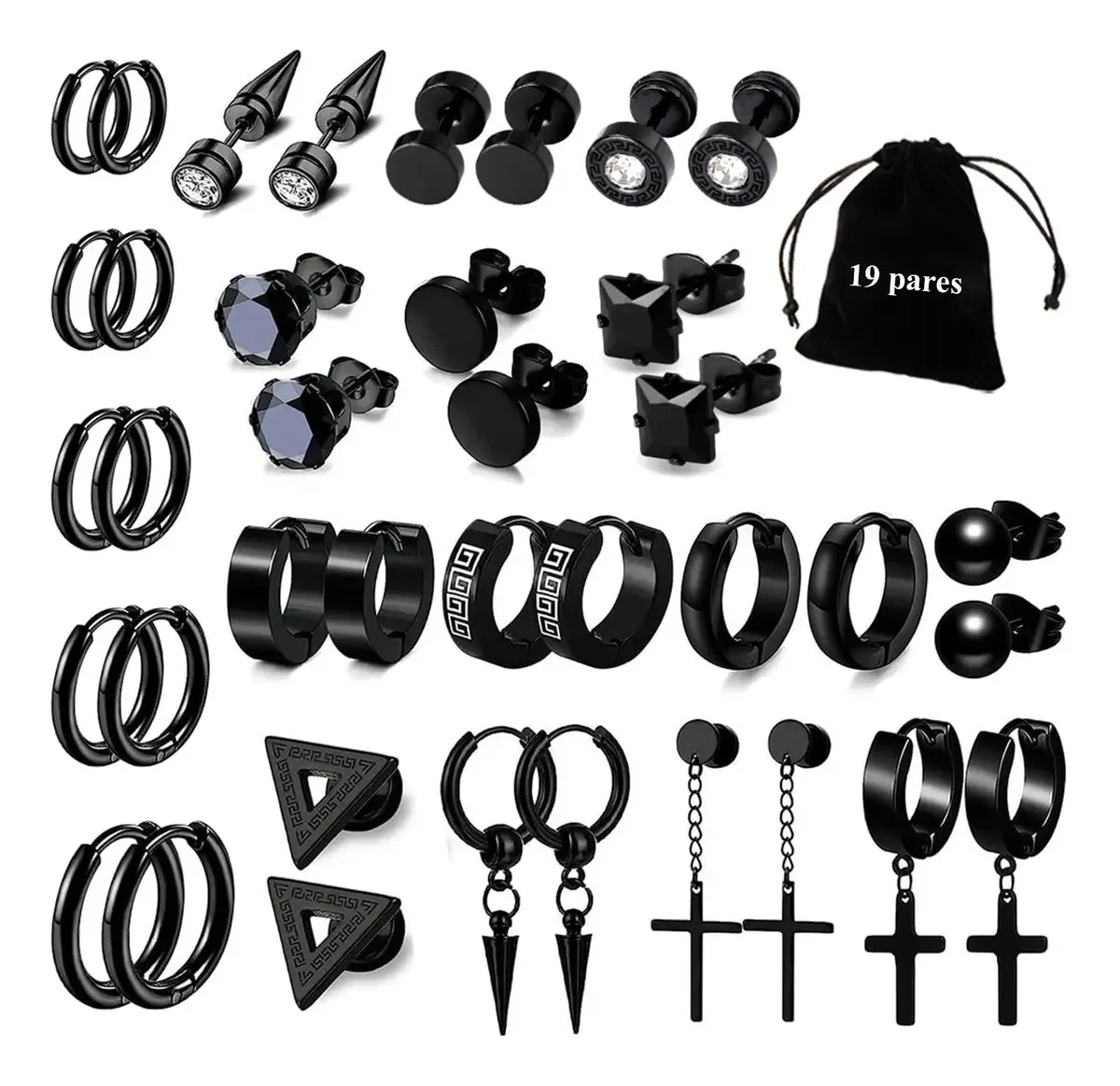 19 pares de brincos Arracadas Brincos masculinos de aço inoxidável