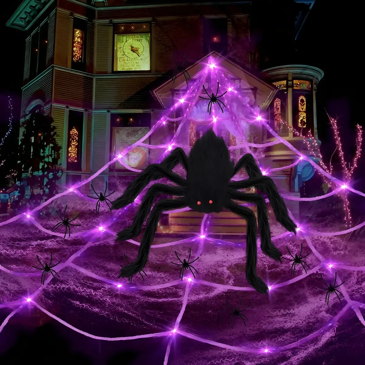 Decoração de Halloween com teia de aranha brilhante e decoração de aranha de 1,5 m
