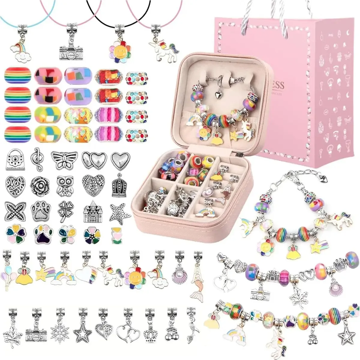 Kit Para Fazer Pulseira Miçangas Infantil 66Peças Rosa Zavanese