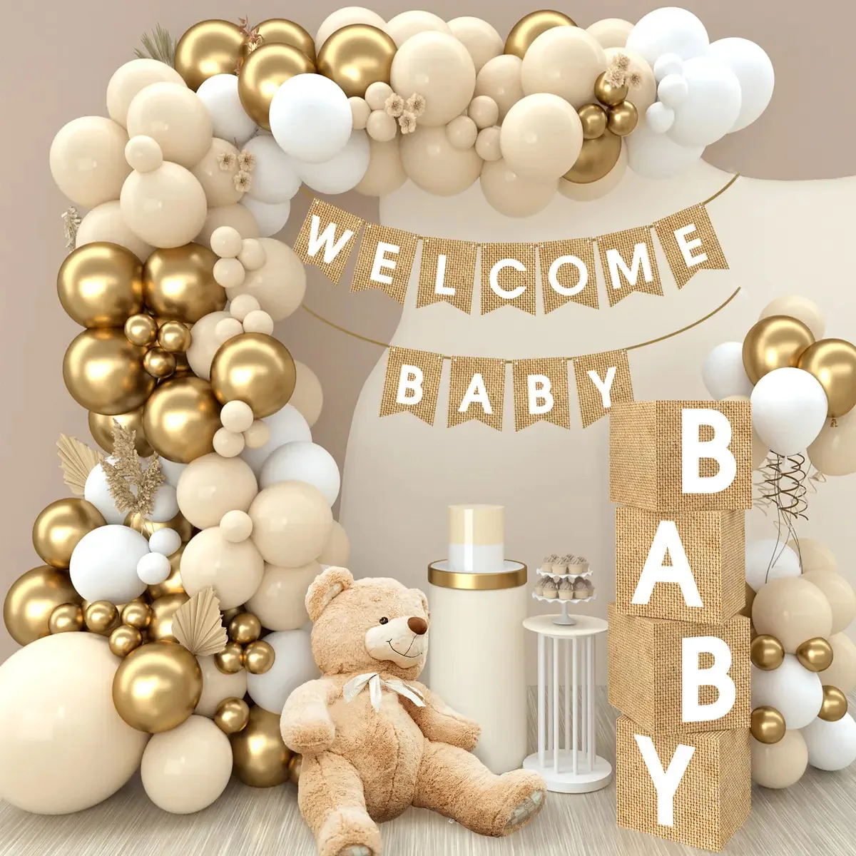 Kit de balões e caixas de chá de bebê, decoração de aniversário, bege