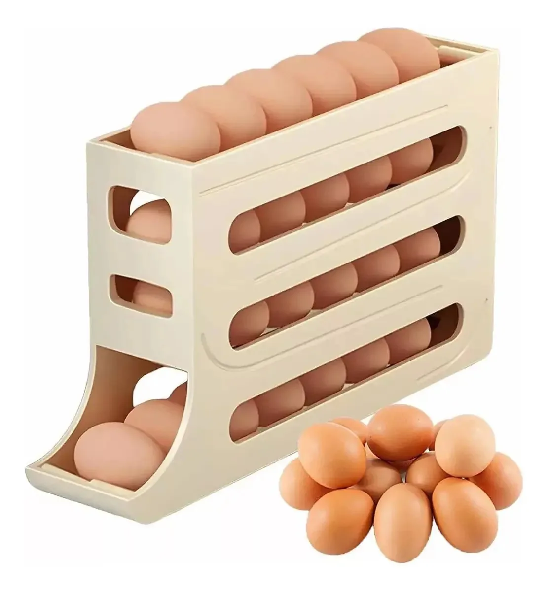 Organizador dispensador de ovos bege de 4 camadas e 30 ovos