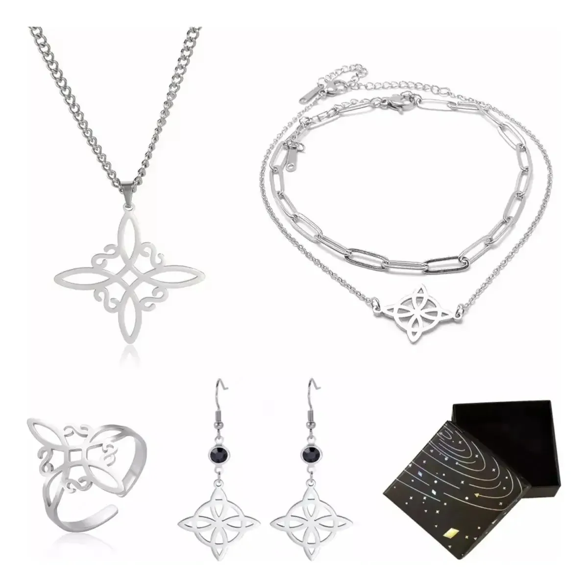 Conjunto de colares Witch's Knot Exquisite: inclui pingente, colar, anel, brincos e pulseira.