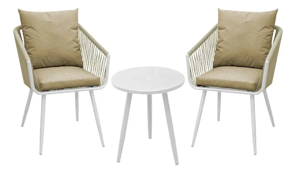 Conjunto de 2 cadeiras e mesa, jardim ao ar livre, pátio, corda, almofadas, cor: corda bege 05