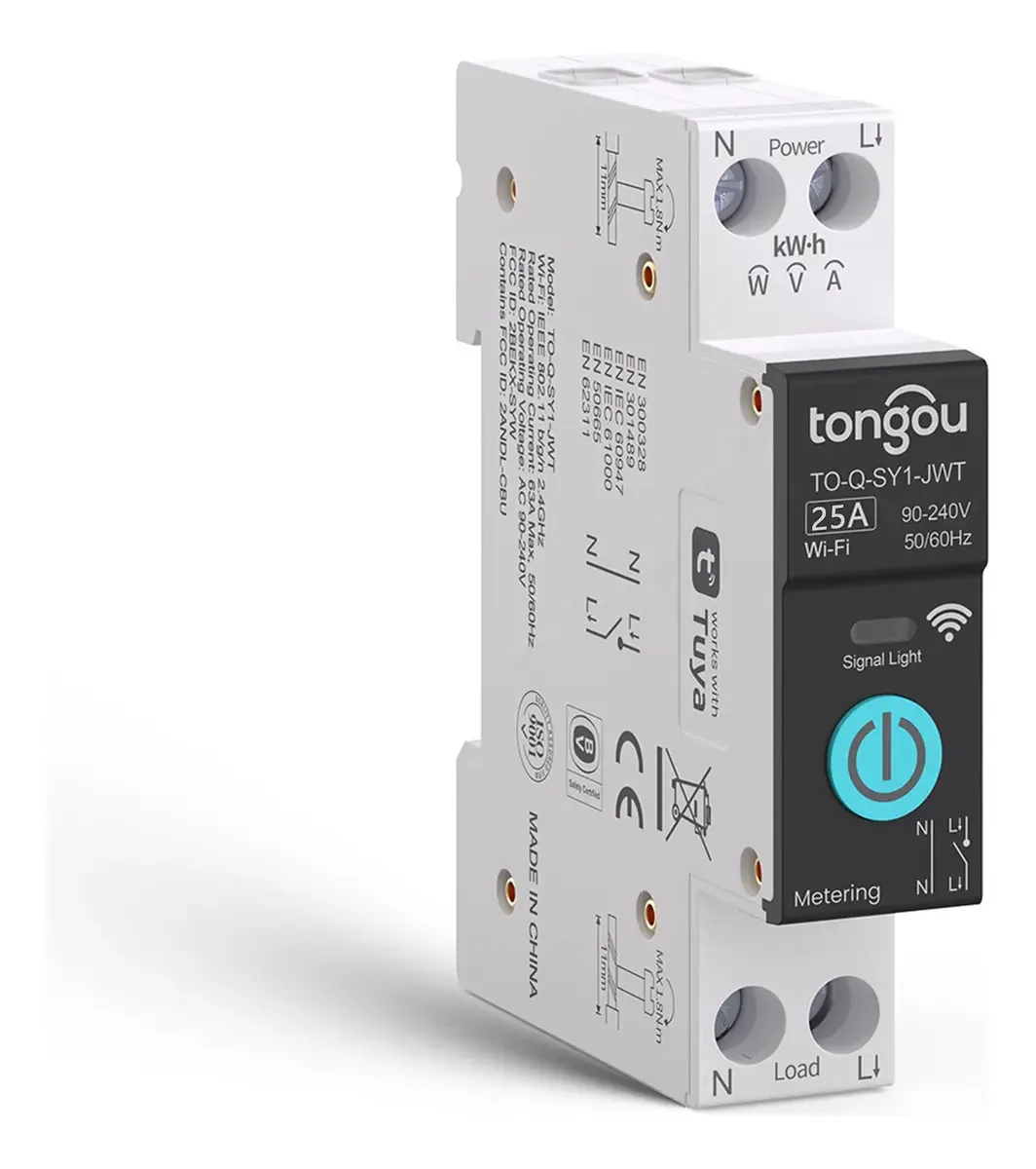Interruptor inteligente Wi-Fi Tuya de 2,4 GHz com controle remoto, medição de energia e temporizador, disjuntor inteligente Techwolf 25A para trilho DIN compatível com Alexa e Google Home Smart Home