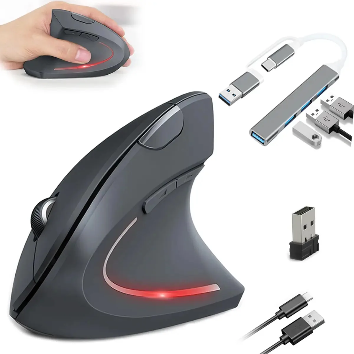 Mouse sem fio vertical 2.4G para Mac, Windows e Hub, cor preta e cinza