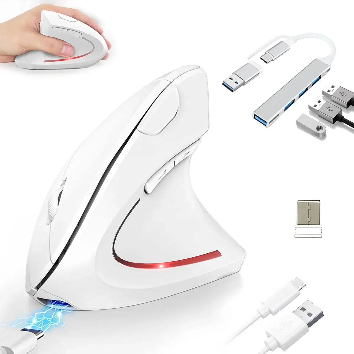 Mouse sem fio vertical 2.4G para Mac, Windows e Hub, cinza, branco