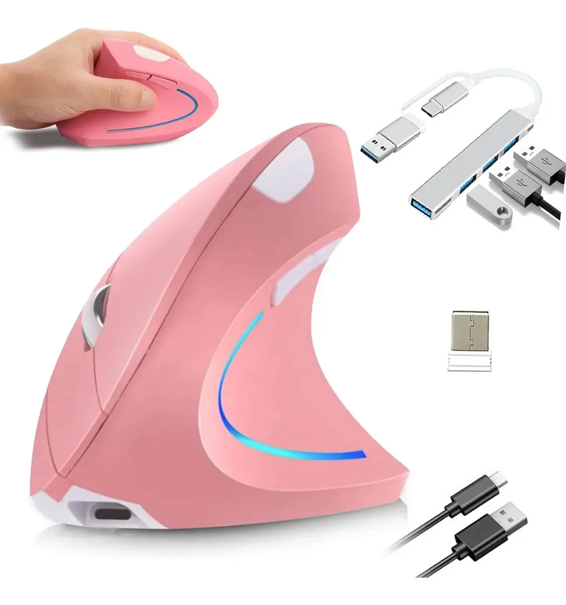 Mouse sem fio vertical 2.4G para Mac, Windows e Hub, cinza, rosa