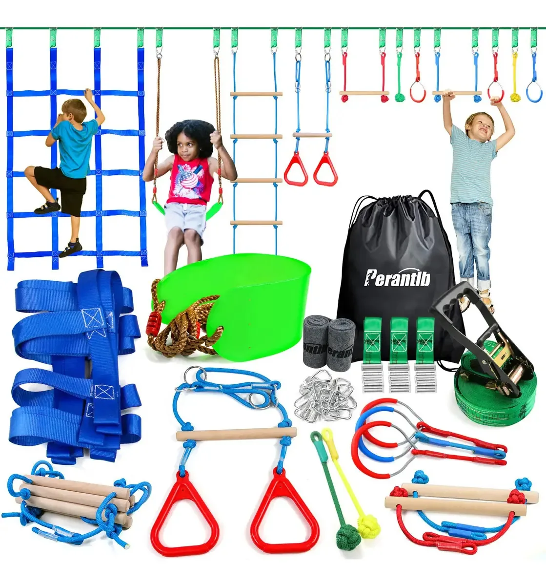 Pista de obstáculos Perantlb Ninja Warrior para crianças Ninja Slackline de 52 pés com 11 acessórios infantis, inclui balanço, rede de obstáculos, escada de corda e bar de ginástica Slackline