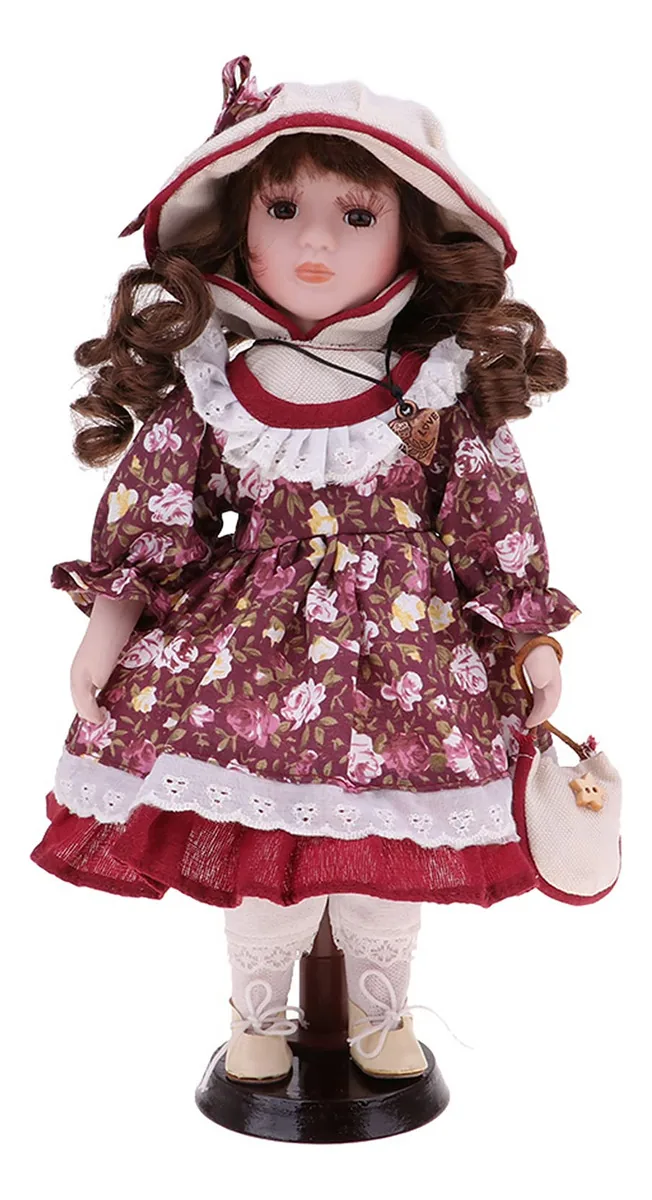 Dynwave Boneca de Porcelana Vintage de 30 cm com Suporte de Madeira, Presente de Dia dos Namorados para Namorada, Casa de Bonecas, Coleção de Decoração