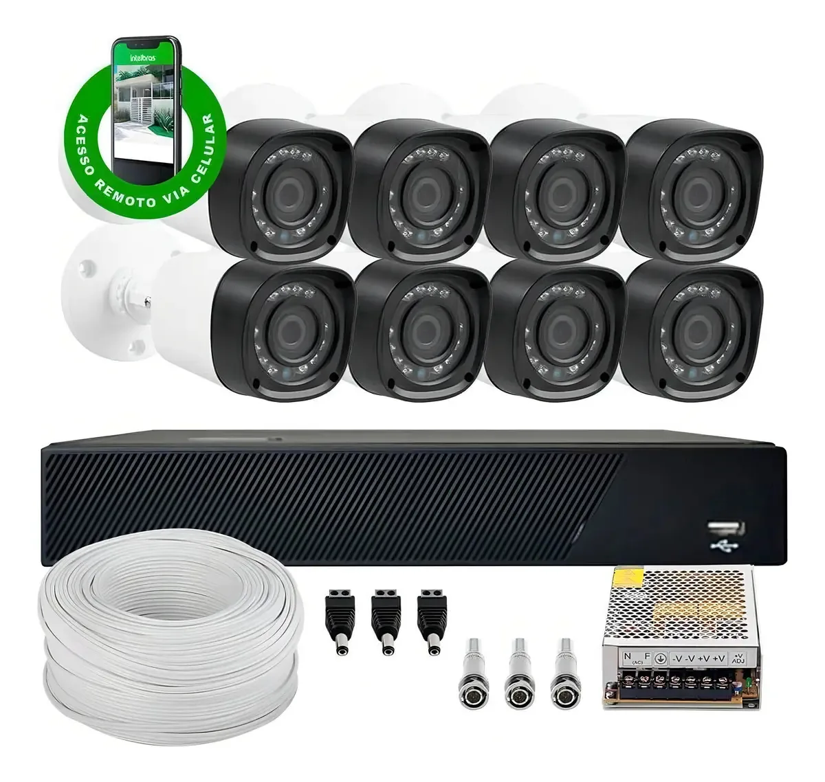 Kit 8 Câmeras De Vigilância Dvr 8 Canais + Acessórios
