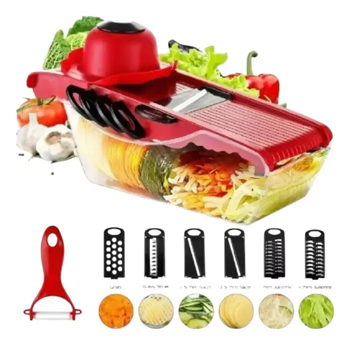 O ralador de bandolim vermelho de cozinha com mandolina 6 em 1 corta tudo
