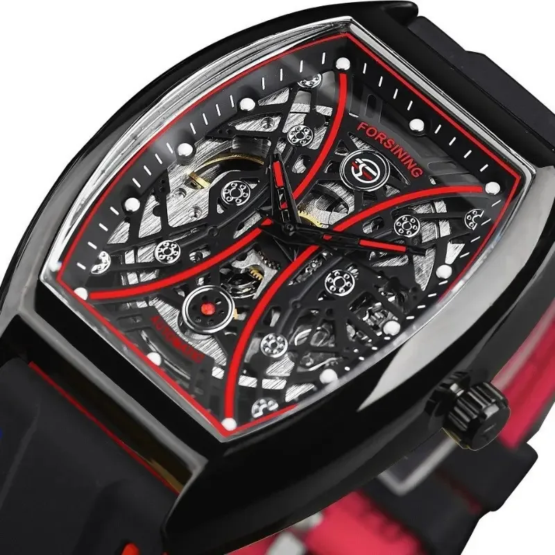Relógios comerciais automáticos Forsining Hollow Out Bottom pulseiras pretas/vermelhas para relógios e relógios inteligentes