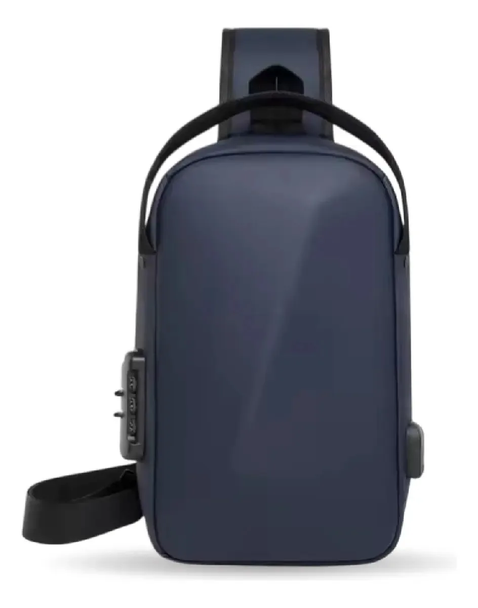 Mochila anti-roubo impermeável com porta USB e cadeado de segurança azul