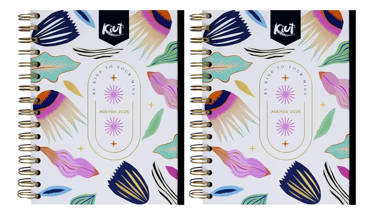 Pacote X2 Premium Agendas Collection 2025, capa branca Kiut Norma com cores da minha vida