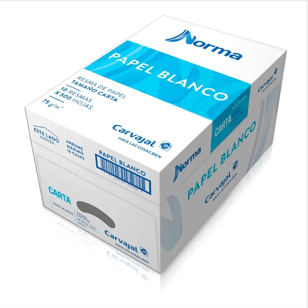 Caixa de 10 folhas brancas de papel de resma, carta padrão 75g, 500 folhas, brancas