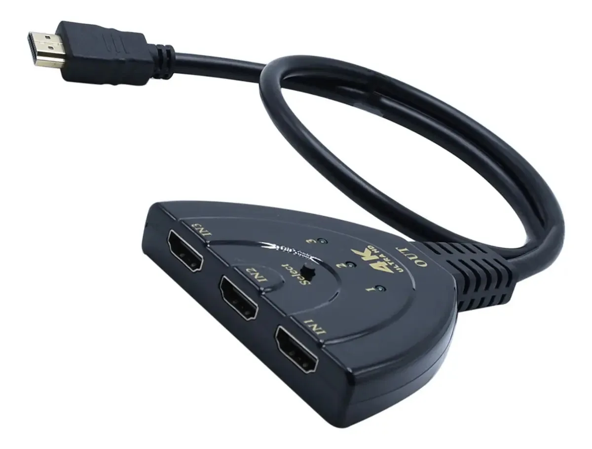 Seletor de porta HDMI com 3 entradas e resolução 4K em preto
