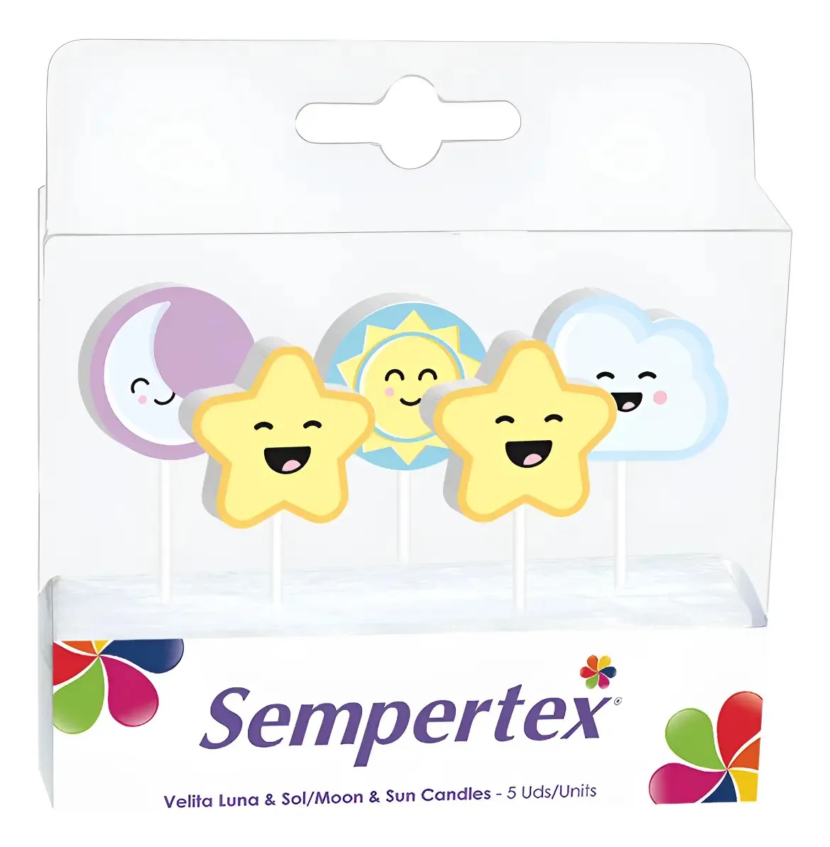 Pacote de velas com figuras de lua e sol X 5