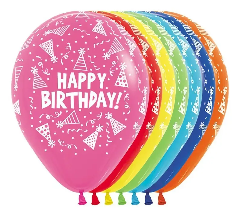 Bolsa com 12 balões de aniversário e chapéus de 12 polegadas