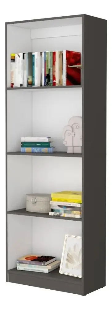 Biblioteca doméstica, cinza escuro e branco, com quatro prateleiras