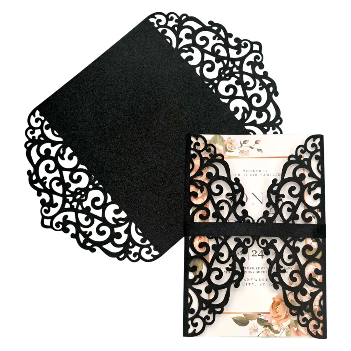 25 convites sobre Laser Cut Gf-416 Glitter Diamantina Black