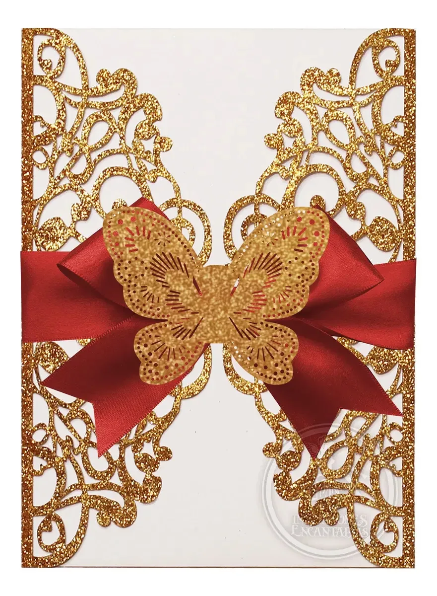 10 convites sobre corte a laser Gf-335 Glitter + Butterfly Color Glitter Centennial Gold