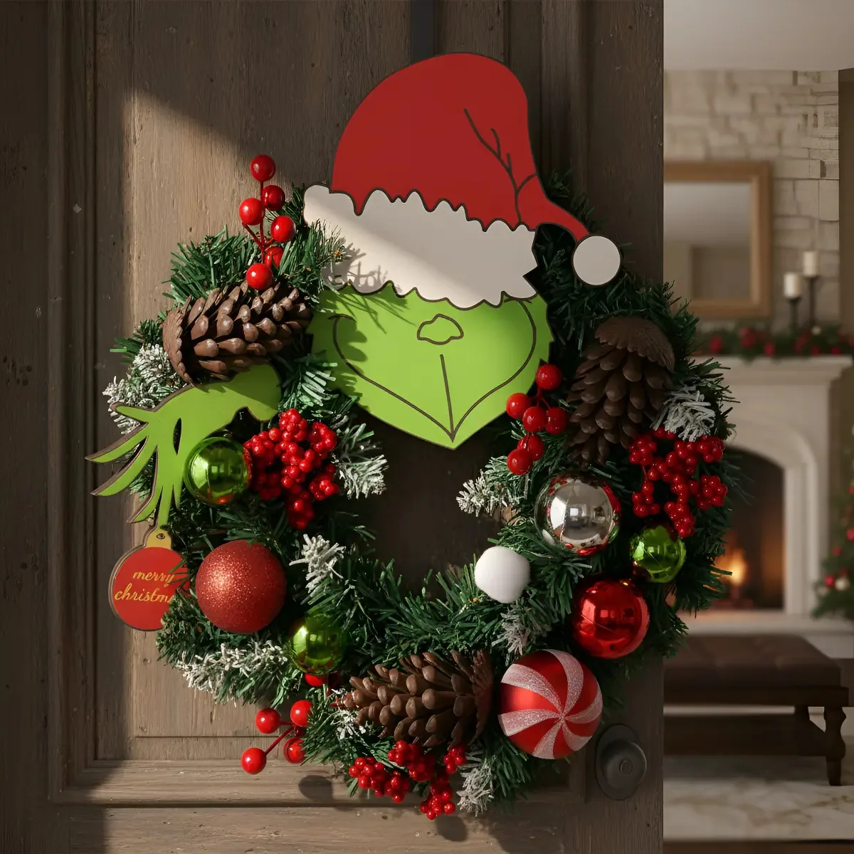 Grinalda de porta de Natal Grinch, enfeites de decoração de casa