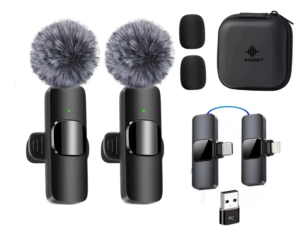 Microfone de lapela sem fio com 2 receptores para celular tipo C iPhone e PC com capa Sound+Case K9pro Black Receptor independente iPhone Lightning Type C iPhone 15 16 Android